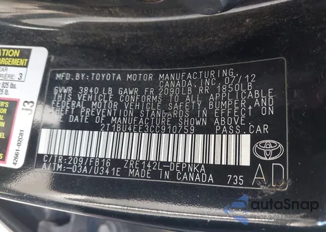 2012 Toyota Corolla Le z USA, uszkodzony, nr VIN 2T1BU4EE3CC910759